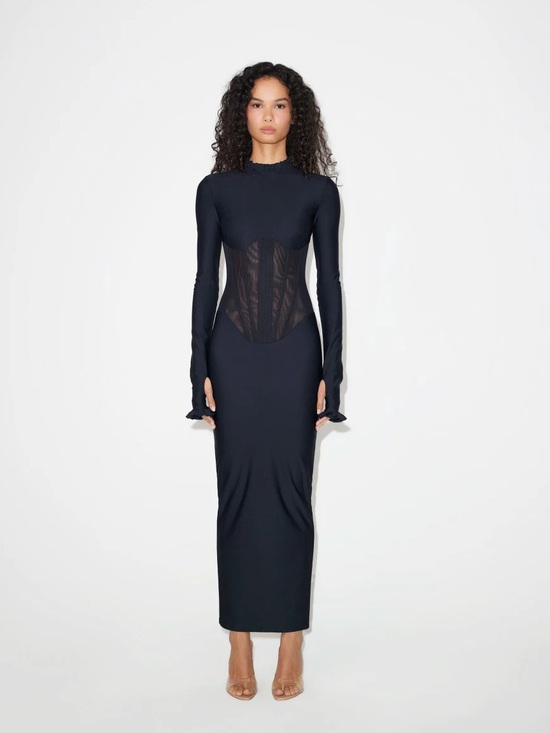 Khy Dresses & Skirts - Khy - Long-Sleeve Black Mesh-Corset Bodycon Dress